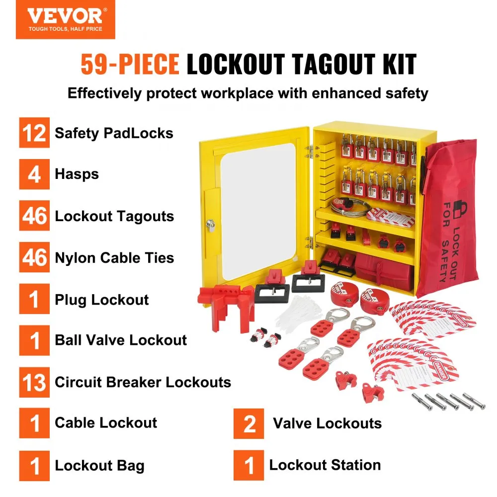 OSHA compliant LOTO station with safety padlocks and breaker lockouts