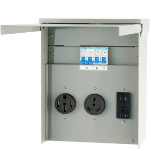 Outdoor RV power outlet box with 50A 30A 15A receptacles
