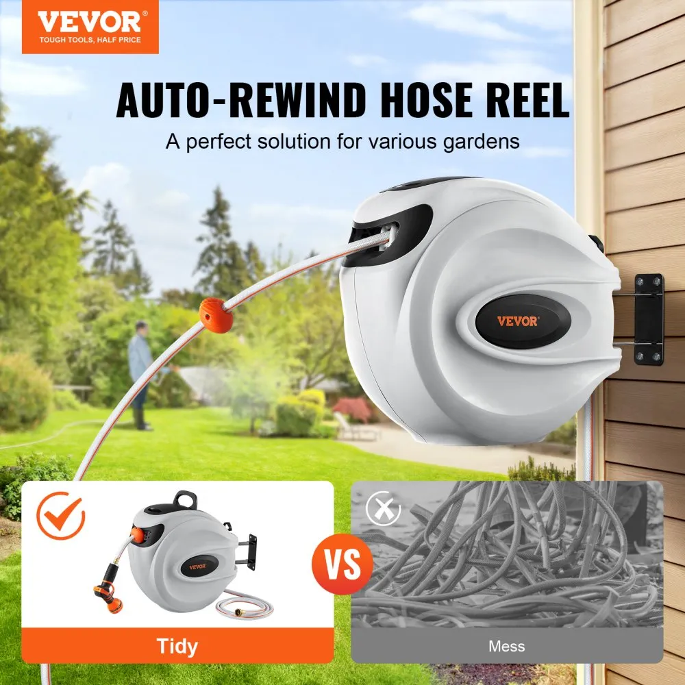 Wall-mounted automatic rewind water hose reel for garden