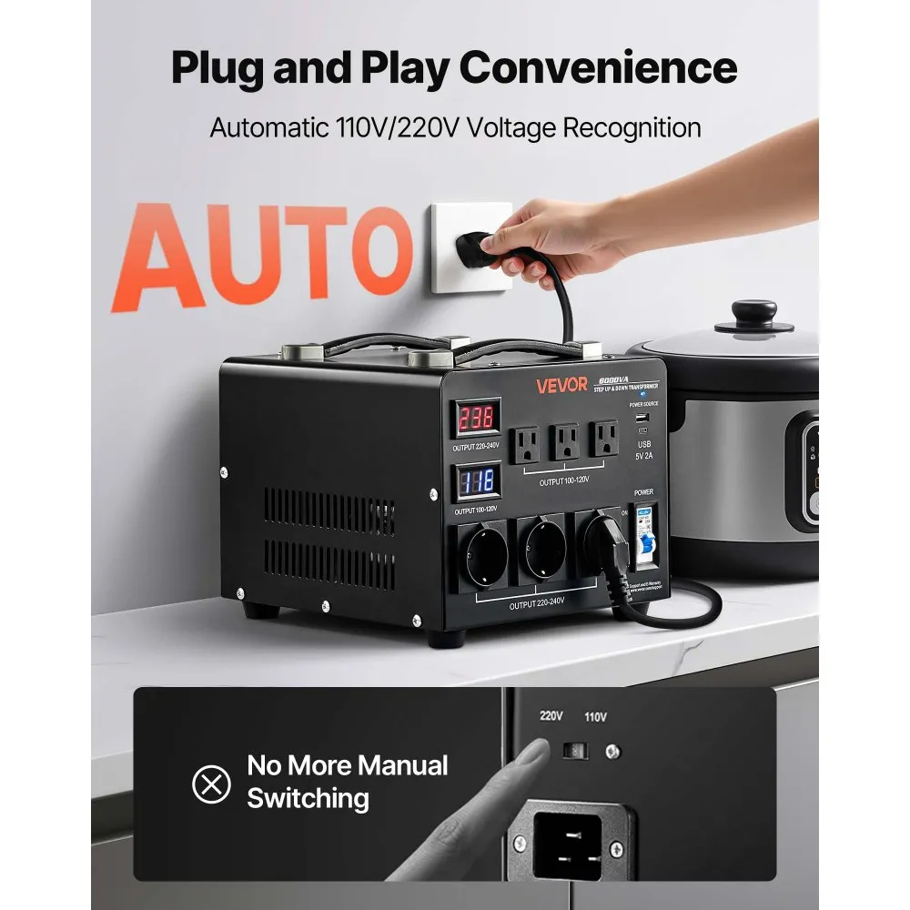 110V to 220V power converter with LCD display and USB ports